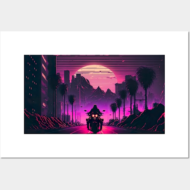 Lonely Biker Riding Into The Synthwave Sunset Wall Art by Nightarcade